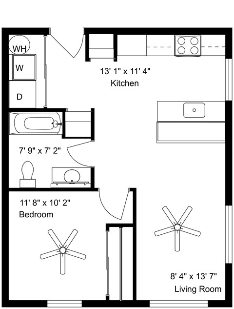 Floor plan for 1 bed, 1 bath, 610 sqft